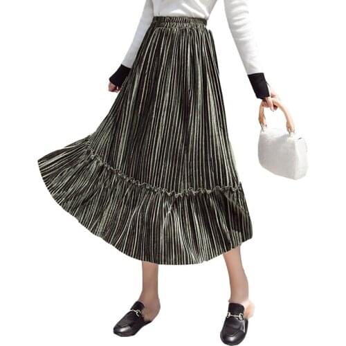 Plus Size Women Autumn Winter Skirts Elastic Waist Corduroy Skirts Ruffle Big Swing Retro Velvet Pleated Skirt Warm Long Skirts