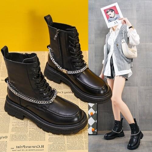 Black Martin Boots Women Shoes Motorcycle Platform Ankle Boots Punk Style Metal Chain Round Toe Chunky Boots Women 2021