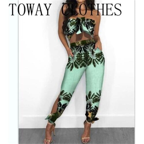 Women Straight Across Sleeveless Cutout Tropical Print Bandeau Knotted Top & Slit Pants Set