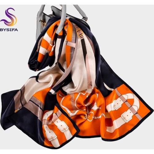 [BYSIFA] Top Grade 100% Silk Scarf Shawl Women Fashion New Sky Blue Winter Birch Forest Scarves Spring Fall Long Neck Scarf Cape