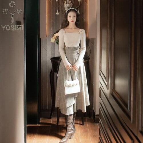 YOSIMI Women Two Piece Outfits Vintage 2021 Autumn Beige Full Sleeve Pullover Sweater and Plaid Skirt Mid-calf 2 Piece Sets Suit