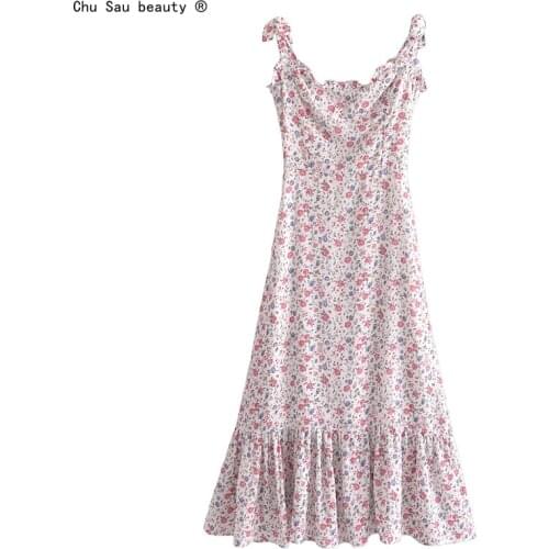 New Fashion Summer Sweet Chic Floral Printed Sling Midi Dress Women Streetwear Style Ruffles Sleeveless Dresses Female Vestidos