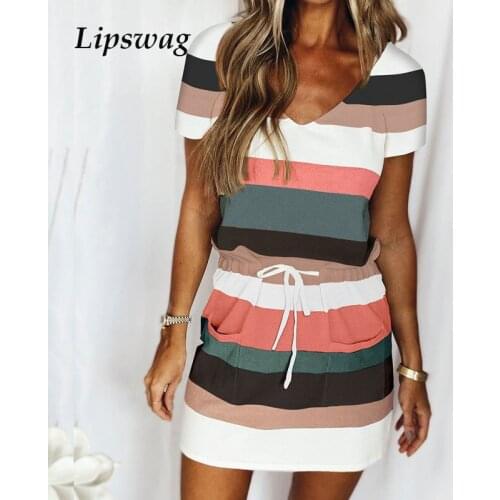 2021 Elegant Striped Short Sleeve Summer Women Dress Fashion Casual Elastic Waist Lace-Up Dress Lady Sexy V-Neck Pullover Dress