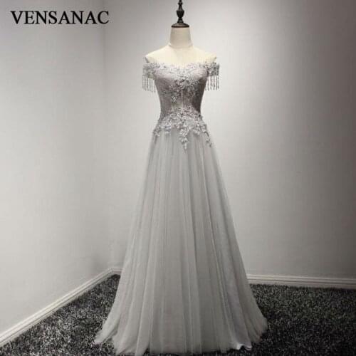 VENSANAC 2017 New A Line Beadings V Neck Long Evening Dresses Embroidery Short Sleeve Elegant Crystals Lace Party Prom Gowns