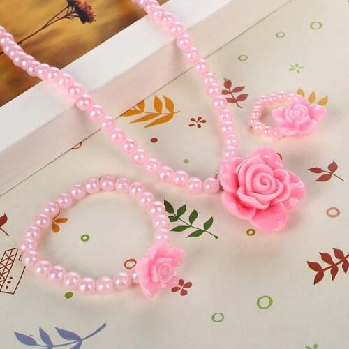 Beaded Children imitation Pearl Jewelry Best Baby Pink Girl Kids Jewelry Set Rose Flower Necklace Bracelet Ring