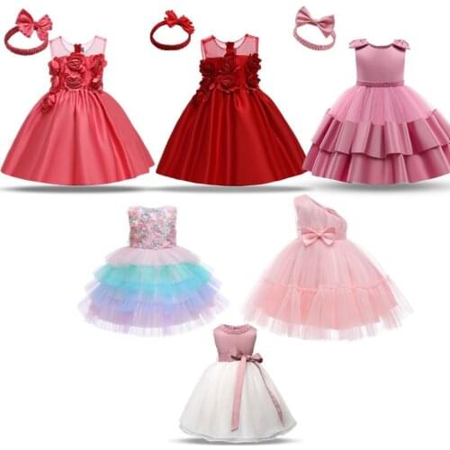 Princess Ball Dress Baby Girls 3-24 Months Solid Bow Vestidos First Birthday Communion Christening Fancy Clothes Toddler Girls