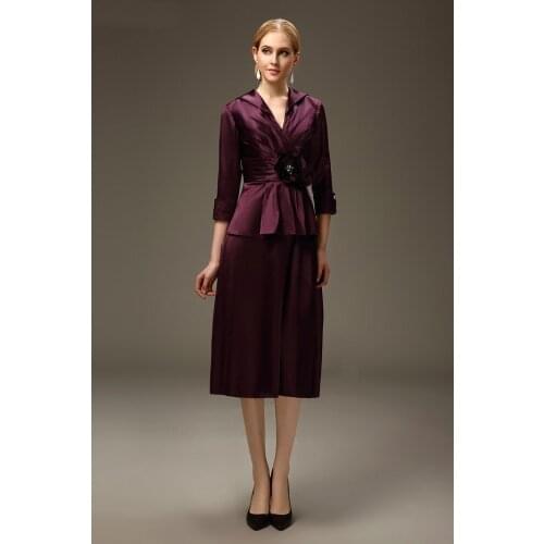 Purple 2019 Mother Of The Bride Dresses Sheath V-neck Taffeta Tea Length Plus Size Short Elegant Groom Mother Dresses Wedding