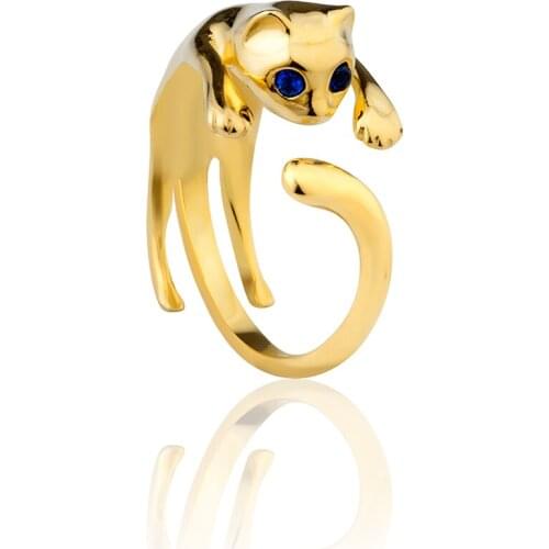 Pretty Womens 925 Sterling Silver Jewelry Gold Plated Adjustable Rings Cat with Zircon