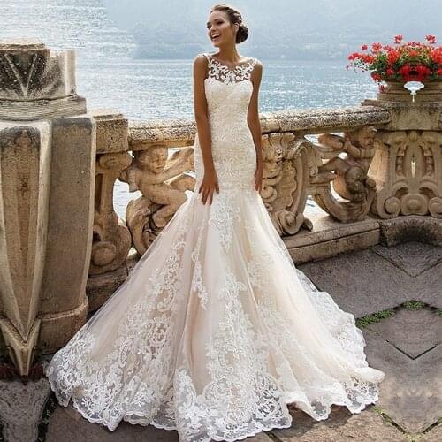 Sexy Illusion Mermaid Lace Wedding Dresses 2020 Appliques Flowers Pattern Floor-Length Spring Gowns Summer Autumn Bridal Dress