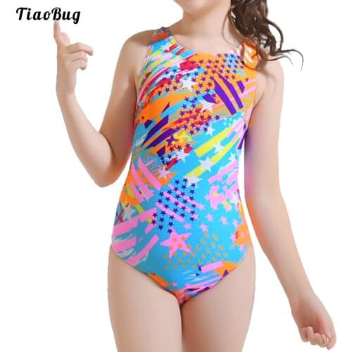 Summer Kids Girls One-Piece Swimming Suit Wide Shoulder Straps Sleeveless U Shape Open Back Keyhole Back Leotard Beach Bikini