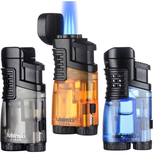LUBINSKI Cigar Lighter Plastic Blue Fire Jet 3 Torch Lighters With Cigar Punch Drill Butane Gas Lighter Cigar Stand Support Top