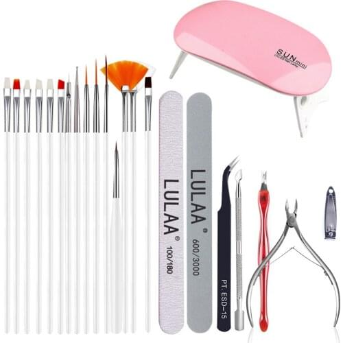 22pcs/set Nail Kit Professional Set with Vu Led Lamp for Manicure Gel Acrylic Nails Polish Polishing Strip Art Decorations Tool
