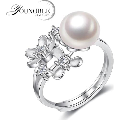 Real Natural Freshwater Pearl Rings,Wedding Adjustable 925 Silver Ring Jewelry Girl Best Gift