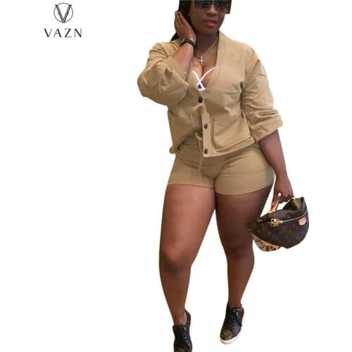 VAZN 2021 Women Fashion New Street Casual Style Sets Long Sleeve Short Top Elastic Short Pants Pure Color Two Piece Sets