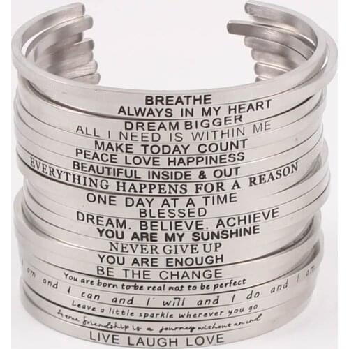 New Silver Stainless Steel Bangle Engraved Positive Inspirational Quote Handmade Cuff Mantra Bracelets For Women Best Gifts