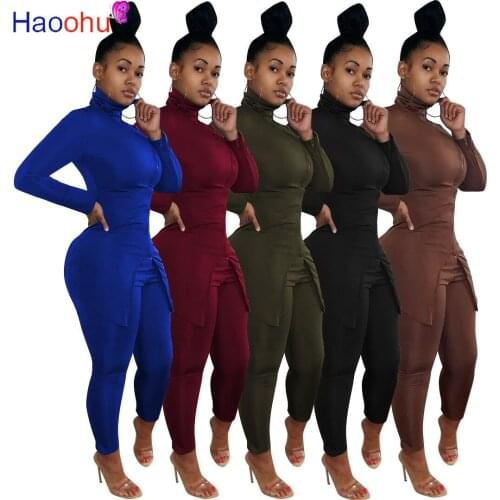 HAOOHU autumn Women Solid zipper up long sleeve turtleneck top pencil pants suit two piece set casual sporting tracksuit outfit