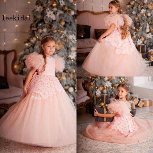 Pink Tutu Flower Girl Dresses Floor Length Jewel Neck A Line Girls Princess Dress Custom Made Cute Christmas Gowns Appliques
