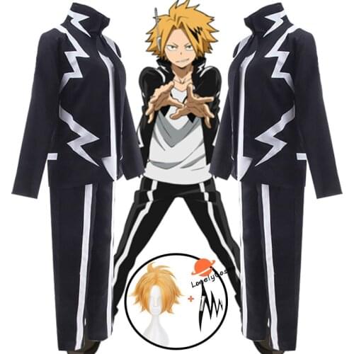 Anime My Hero Academia Denki Kaminari Cosplay Costume Black Uniform Blonde Wig Hairpin Boku No Hero Academia Party Suit Men