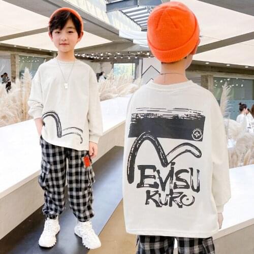 Spring And Autumn New Boys Sweatshirt Fashion Cartoon Print Boys Long Sleeve T-shirt Teen Black And White Pullover 3-14 Years