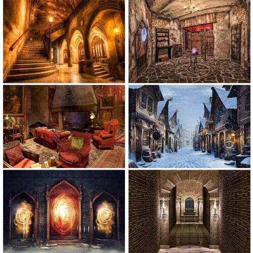 Vintage Medieval Castle Interior Backdrop Retro Archway Columns Photography Background Old Stairway Dim Light Architecture Wall