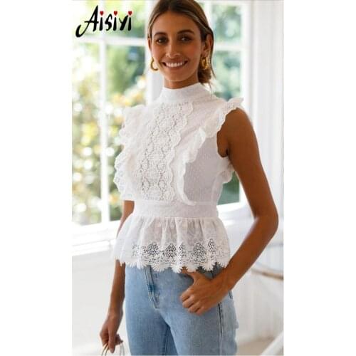 Women Shirts 2020 Sleeveless Lace Shirt White Backless Tops Elastic Waist Office Lady Elegant Blouse Female Sexy Shirts Summer