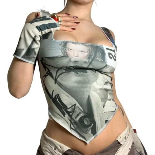 Women Square Neck Tank Tops, Trendy Sleeveless Abstract Print Hanky Hem Camisole