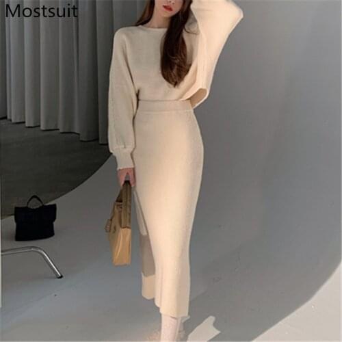 Korean Elegant Knitted Two Piece Skirt Sets Women Short Pullover + High Waist Long Skirt Suits Ladies Fashion 2 Pcs Sets 2020