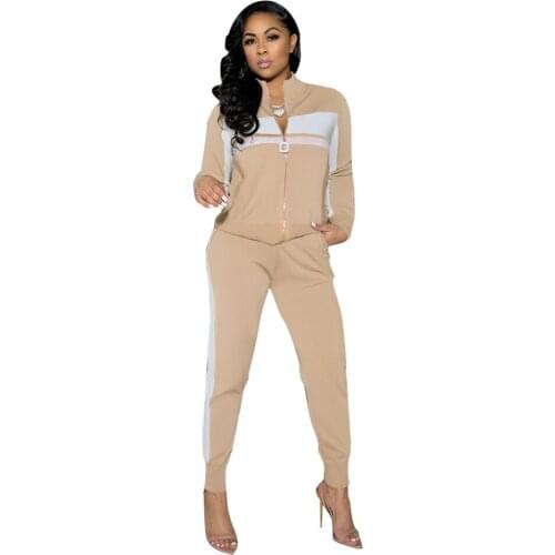 Casual Two Piece Set Tracksuit Women Color Patchwork Jacket + Pants Sportsuit Jogging Femme Winter Clothes Women Outfit
