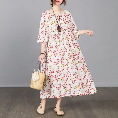 Print Floral Holiday Style Travel Casual Dress 2021 New Arrival Short Sleeve Loose Summer Dress Ramie Women Long Maxi Chic Dress