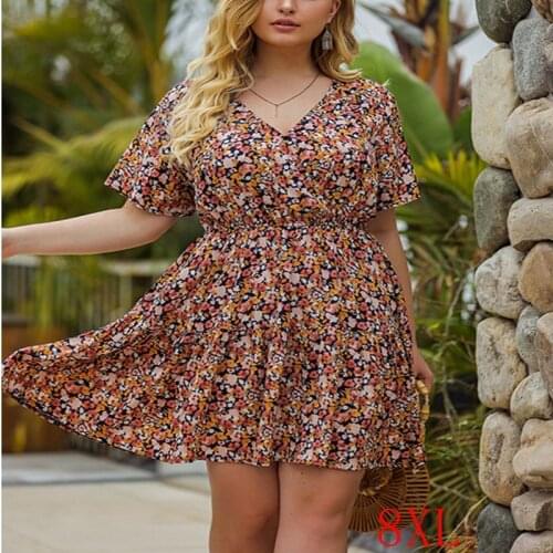 Summer plus size dress 5XL-8XL bust 138CM fashion plus size womens floral chiffon sexy V-neck short-sleeved waist dress