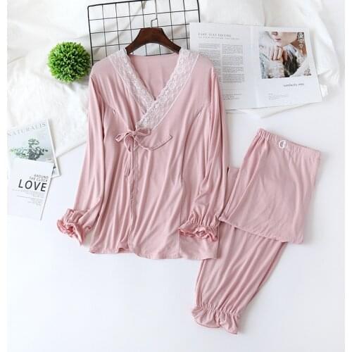 2Pcs/Set Modal Maternity Nursing Sleepwear Set Breast Feeding Pajamas Nightgown Pregnancy Lace Nightwear Maternity Nursing Dress