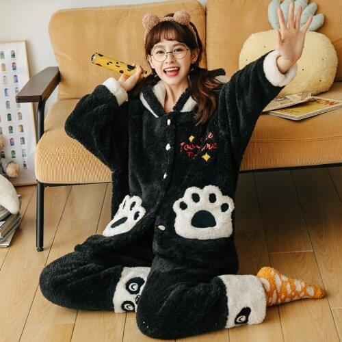 2021 Winter Women Pajamas Set Cartoon Panda Bear Flannel Pyjamas Two-piece Sleepwear Thicken Loose Pijama Cute Korean Hoodies