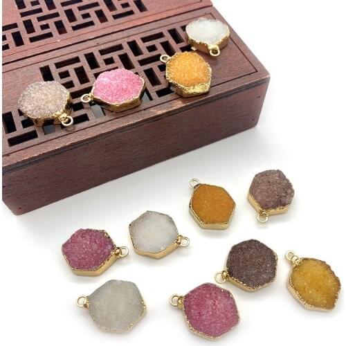 Natural Stone Crystal Hexagon Pendant Electroplating Process Color Powder Crystal DIY Jewelry Accessories Making Necklace 3pcs