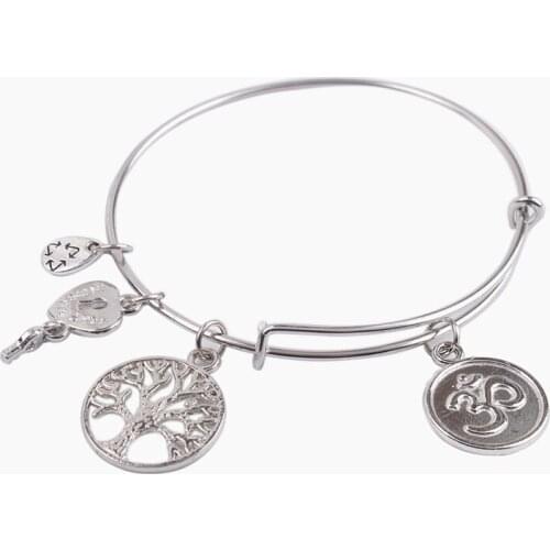 5PCS Fashion Silver Color Tone Om Expandable Wire Bangle Bracelet #91121