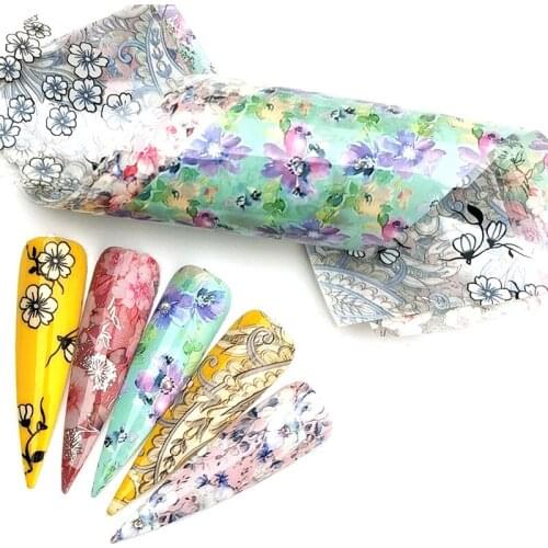 YWK 5 PCS Mixed Flowers Nail Foils Stickers For Nails Art Decorations Holographic Floral Designs Transfer Adhesive Decals