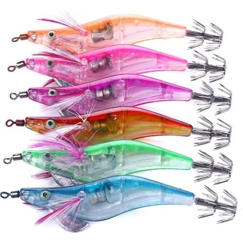 BIG SALE 60Pcs Squid Jigs LED Electronic Shrimp Lure 10.5cm 12g Luminous Squid Jigs Hook Octopus Fishing Tackle