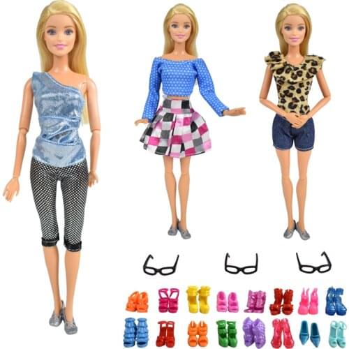 9 Item/Set Doll Accessories=3 Pcs Doll Clothes Dress+ 3 Pcs Glasses + Random 3 Pairs Shoes for Doll Accessories Girl Toys Gift