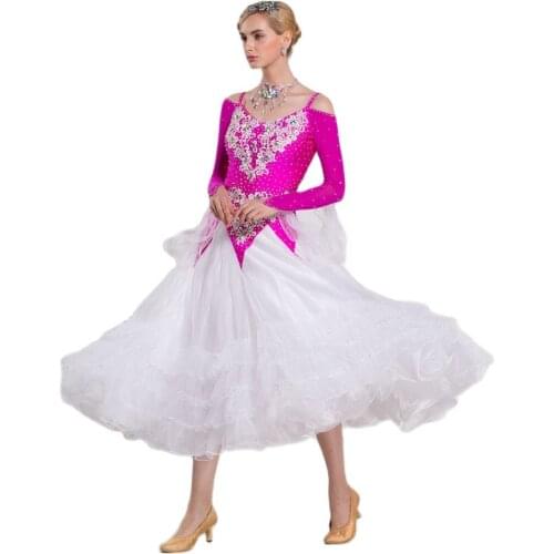 B-16179 Tailor made long ballroom dancing dress smooth modern dance dress with pink white color for competition
