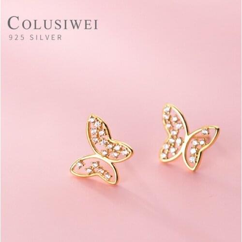 Colusiwei Trendy 100% 925 Sterling Silver Shining Zircon Mini Tiny Butterfly Stud Earring for Women Insect Ear Pin Fine Jewelry