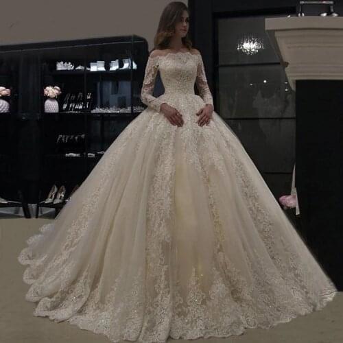 Vestido De Noiva Elegant Wedding Dress Long Sleeves Ball Gown Bridal Dresses Boat-Neck Appliques Bridal Gown Send Petticoat