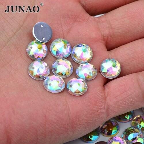 JUNAO 8 10 12 16mm Round Sewing AB Crystal Rhinestones Flatback Acrylic Crystal Sewn Strass Diamond for Wedding Dress