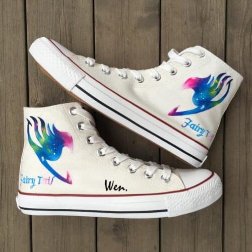 Wen Anime White Hand Painted Shoes Fairy Tail Logo Colorful Painting Men Womens High Top Canvas Sneakers for Gifts