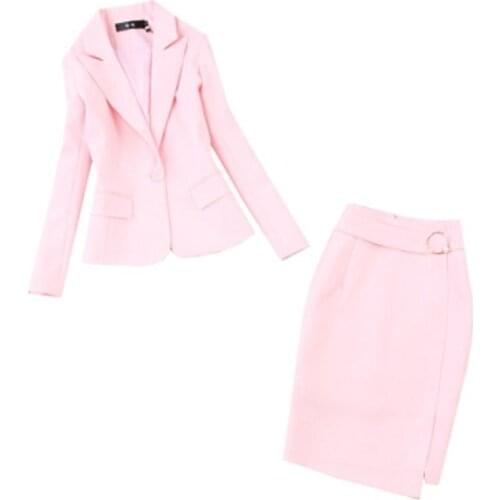 Fashion suit female spring summer New large size Pink simple small suit + package hip split skirt OL suit women