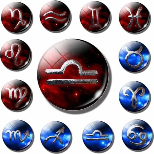 Libra Signs of Zodiac Fridge Magnet Refrigerator Stickers Magnetic Blue and Red 30mm Glass 12 Gemstone Constellation Home Decor