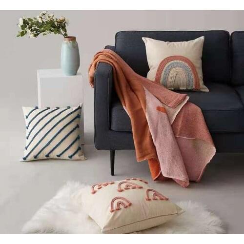 Macrame Home Decoration Rainbow Cushion Cover Black Stripe Pillow Cover Rope Embroidery Pink 45x45cm For Living Room Bed Room