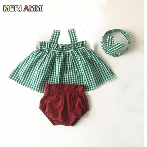 MERI AMMI Baby Girl 3pcs Clothing Outfit Set Plaid Sleeveless Tee Top + Headwear + Brief Outwear For 2-7 Year Children