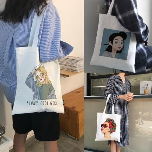 Fashion Women Reusable Shopping Bag Character Face Print Canvas Tote Shoulder Bag Travel Eco Handbags High Capacity Book Bag