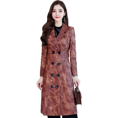 Fashion leather trench coat women camouflage print washed PU leather outerwear long windbreaker double-breasted slim coat A3012