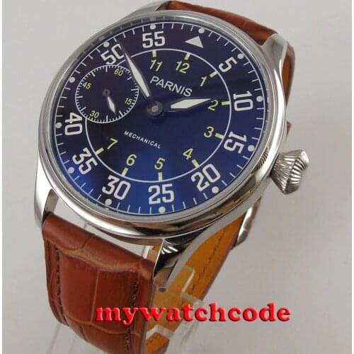44mm parnis black dial luminous marks leather strap hand winding 6497 mens watch