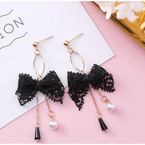 New Fashion Princess Lace Bowknot Tassel Pearl Crystal Drop Earrings Personality Temperament Korean Trendy Earrings